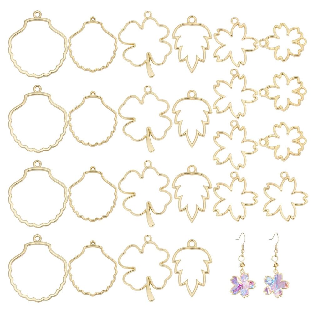 5462 24 Pcs 6 Style Open Bezel Pendant Leaf and Flowers Alloy Hollow